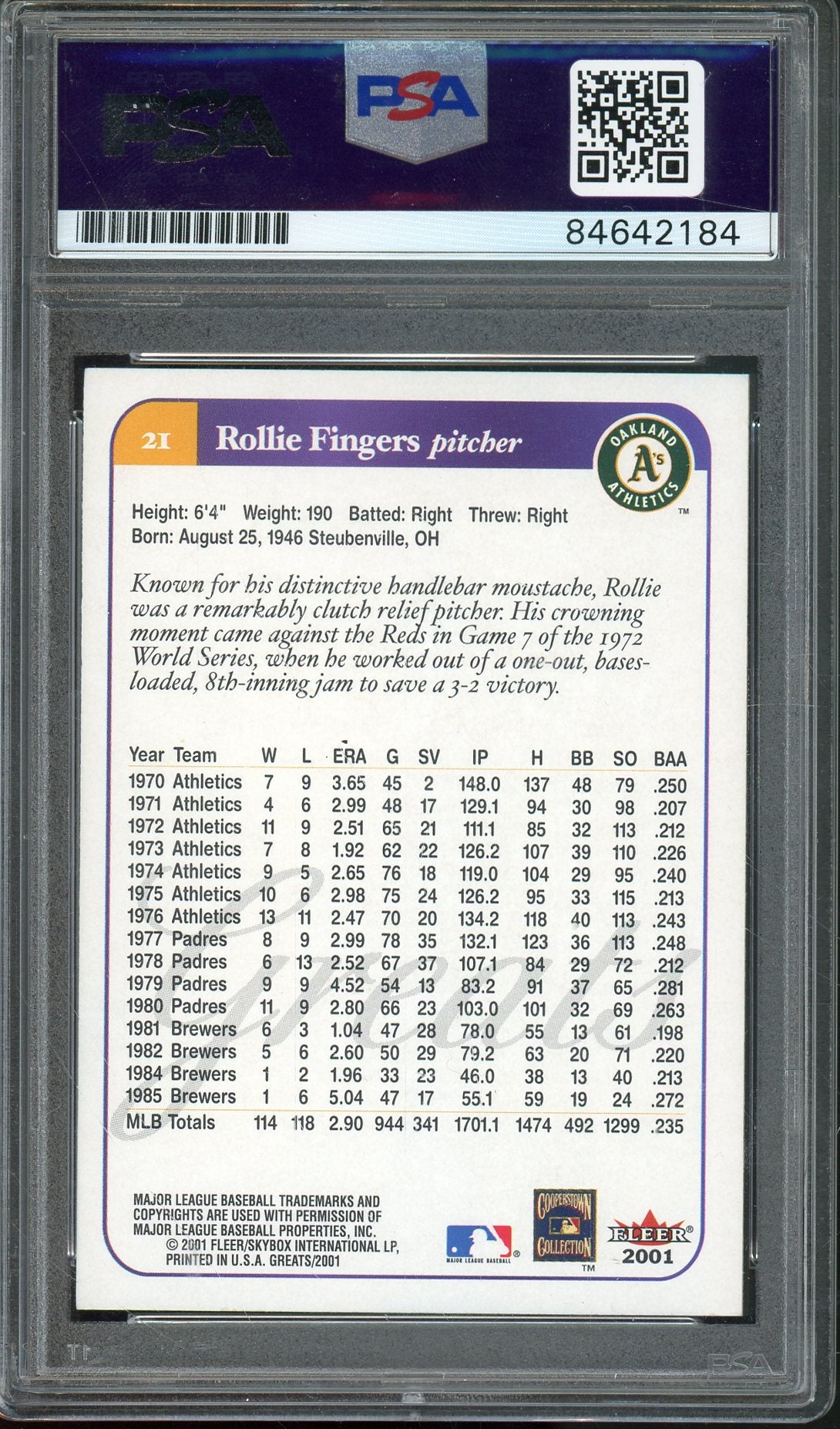 2001 FLEER ROLLIE FINGERS #21 HOF OAKLANDS A'S PSA/DNA AUTHENTIC AUTO