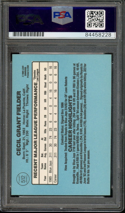 1985 LEAF-DONRUSS CECIL GRANT FIELDER #512 ROOKIE CARD BLUE JAYS AUTO PSA/DNA CERTIFIED