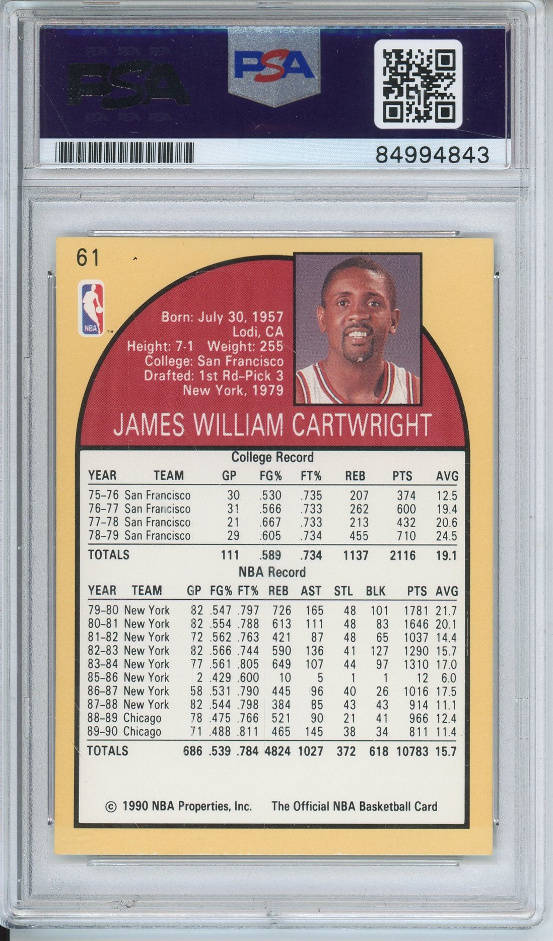 1990 NBA HOOPS BILL CARTWRIGHT #61 BULLS AUTOGRAPH PSA/DNA
