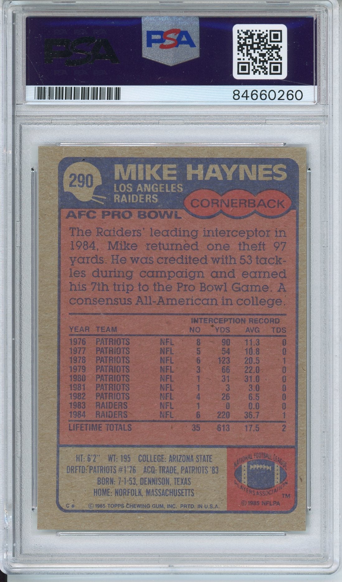 1985 TOPPS MIKE HAYNES #290 HOF AUTOGRAPH PSA/DNA
