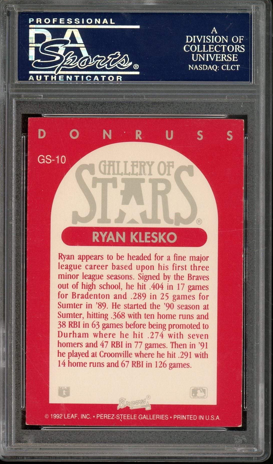 1992 LEAF GALLERY OF STARS RYAN KLESKO #GS-10 ALL-STAR AUTO PSA/DNA CERTIFIED