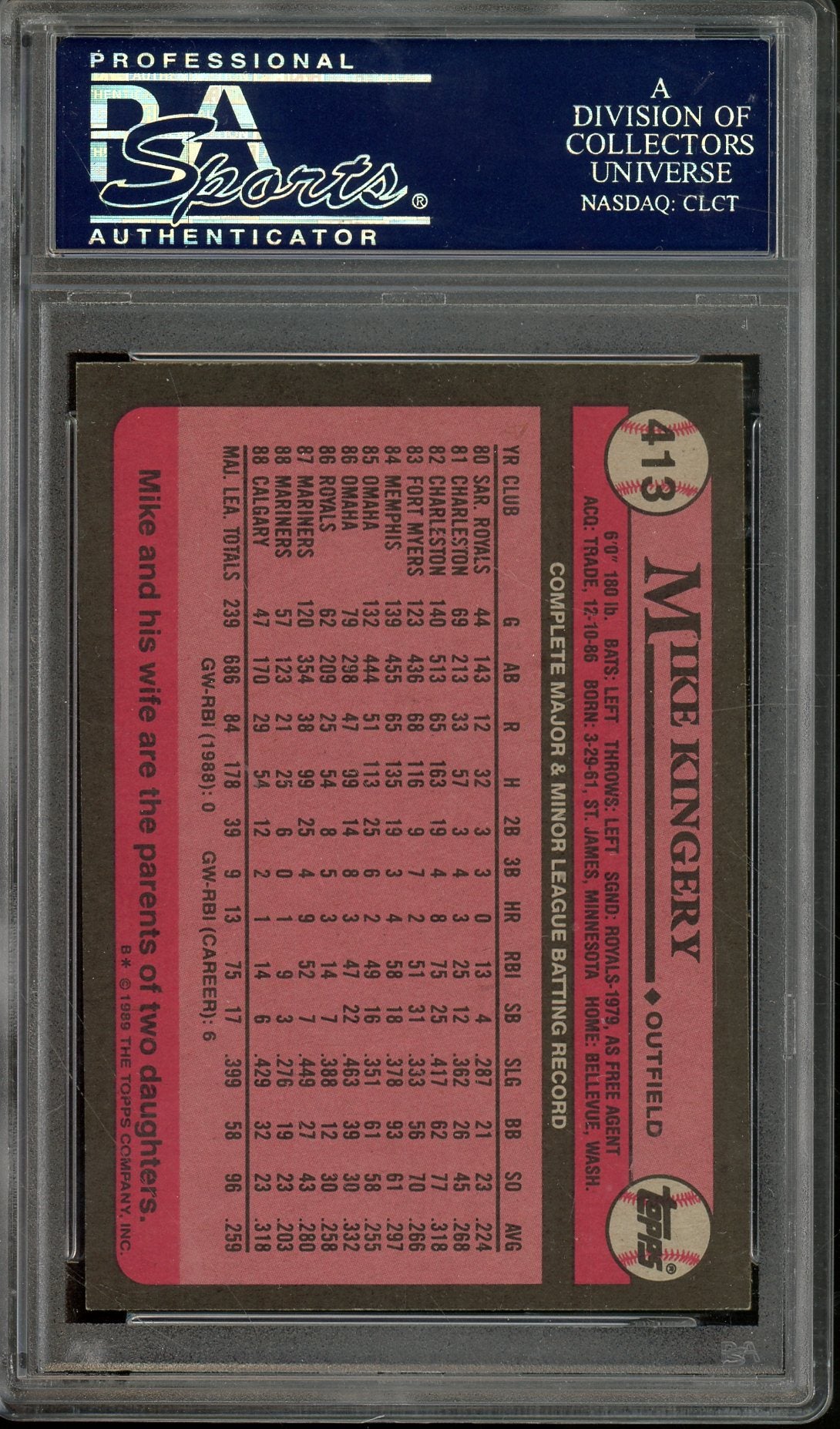 1989 TOPPS MIKE KINGERY #413 MARINERS AUTO PSA/DNA CERTIFIED