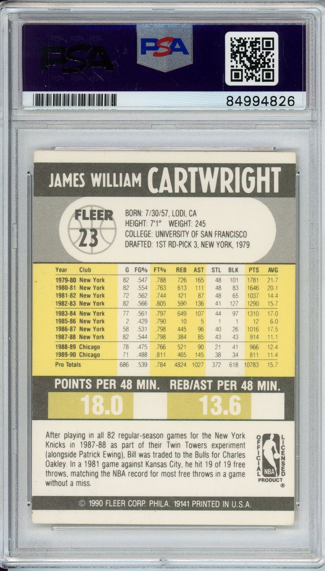 1990 FLEER BILL CARTWRIGHT #23 PSA/DNA AUTO (4826)