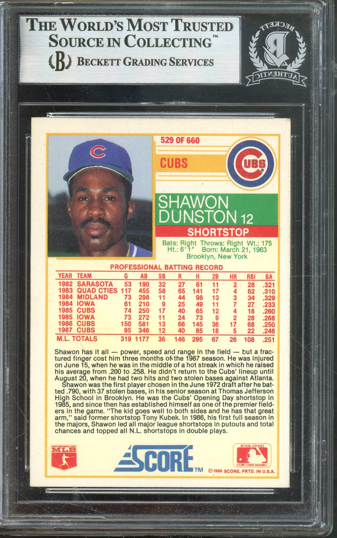 1988 SCORE SHAWON DUNSTON #529 CUBS HALL OF FAME AUTO BGS AUTHENTIC