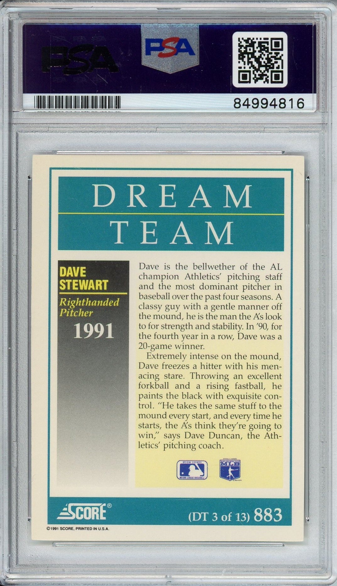 1991 SCORE DAVE STEWART #883 DREAM TEAM PSA/DNA AUTO (4816)