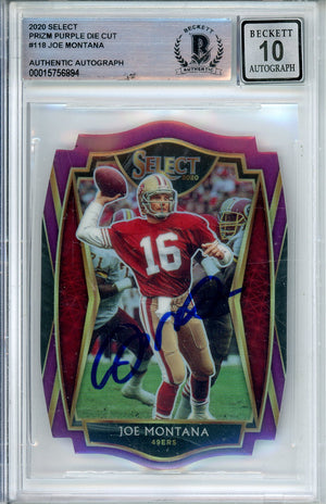 2020 PANINI SELECT JOE MONTANA #118 PURPLE DIE-CUT HOF BECKETT AUTO GRADE 10