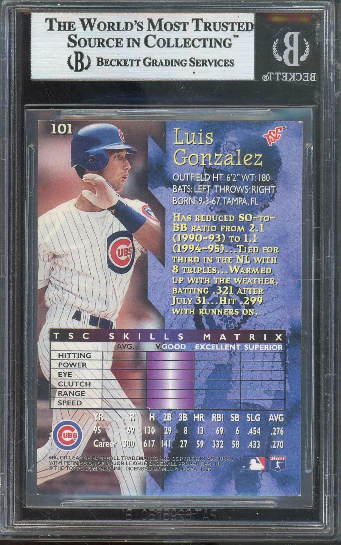 1996 STADIUM CLUB LUIS GONZALEZ #101 DIAMONDBACKS HOF AUTO BGS AUTHENTIC