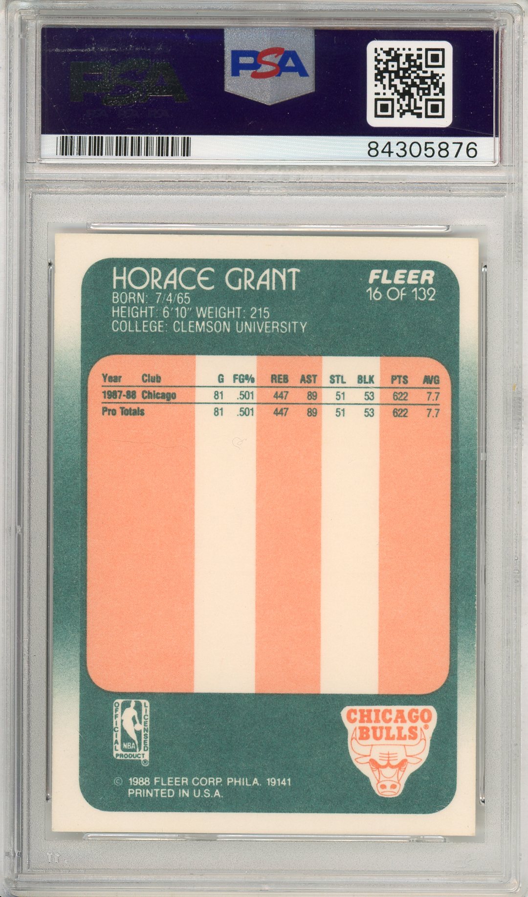 1988 FLEER BASKETBALL - HORACE GRANT #16 BULLS ROOKIE CARD HOF AUTOGRAPH WITH INCRIPTIONS PSA/DNA AUTHENTIC AUTO