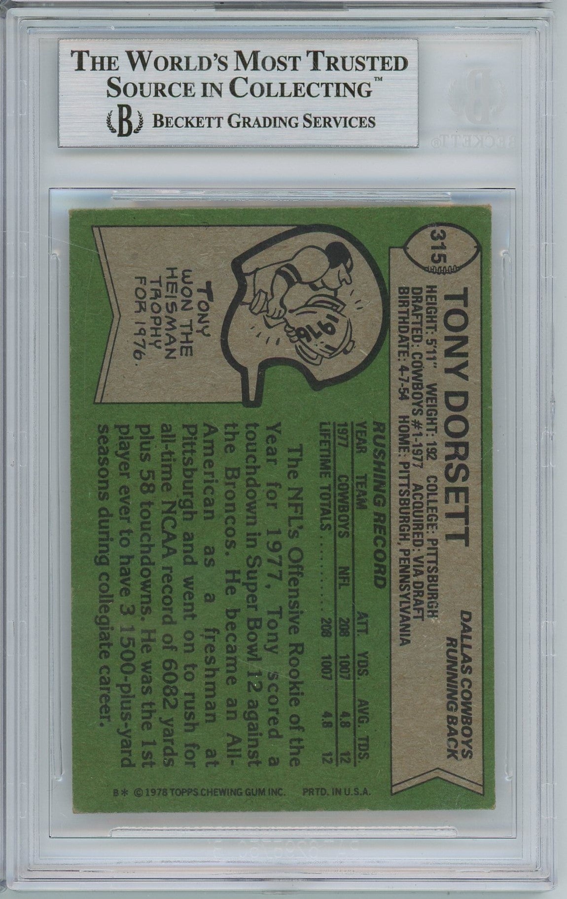 1978 TOPPS TONY DORSETT ROOKIE RC #315 "HOF" INSCRIPTION BAS AUTO (7913)