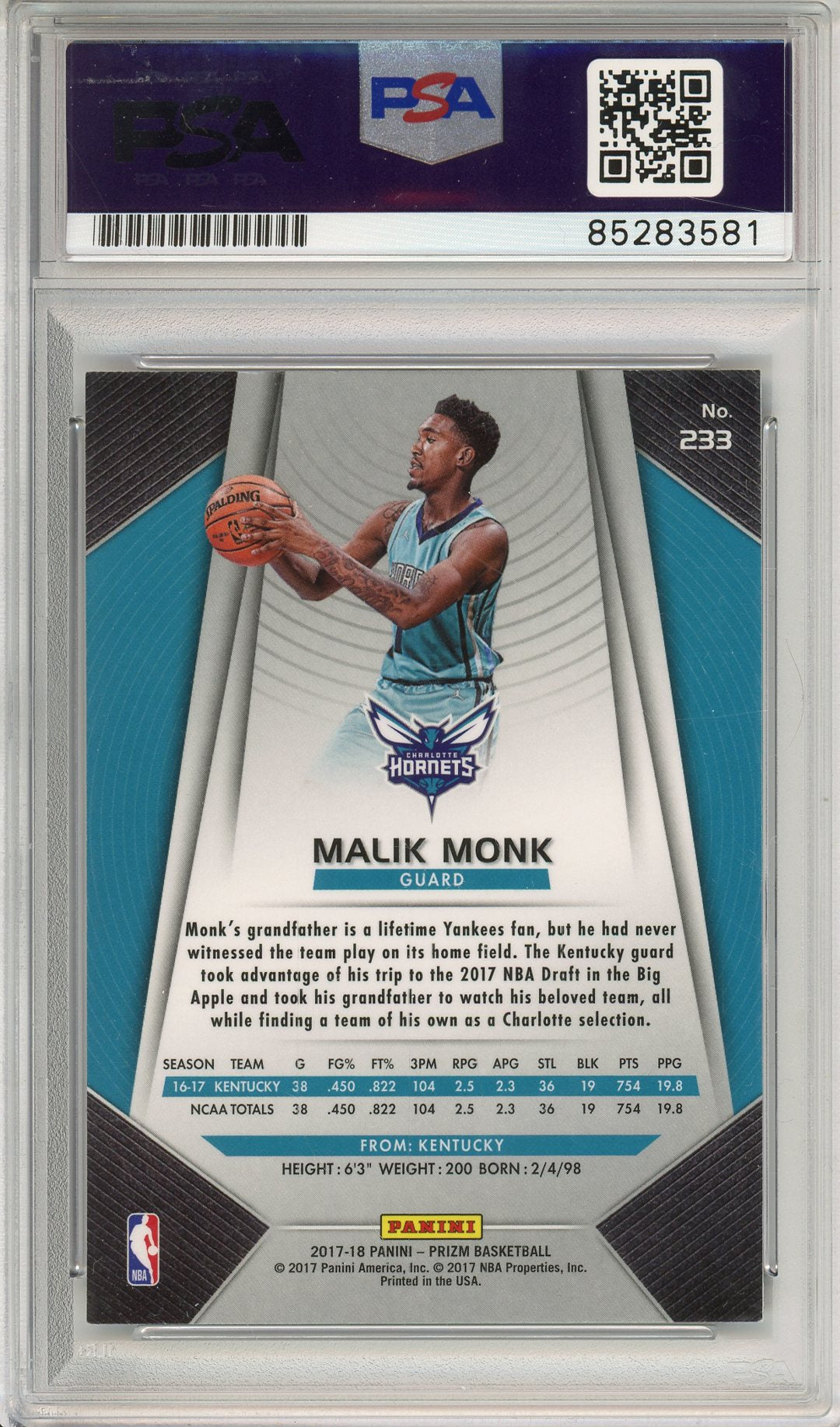 2017 Panini Prizm Malik Monk PSA/DNA Auto ROOKIE WHITE INK (QUANTITY AVAILABLE)