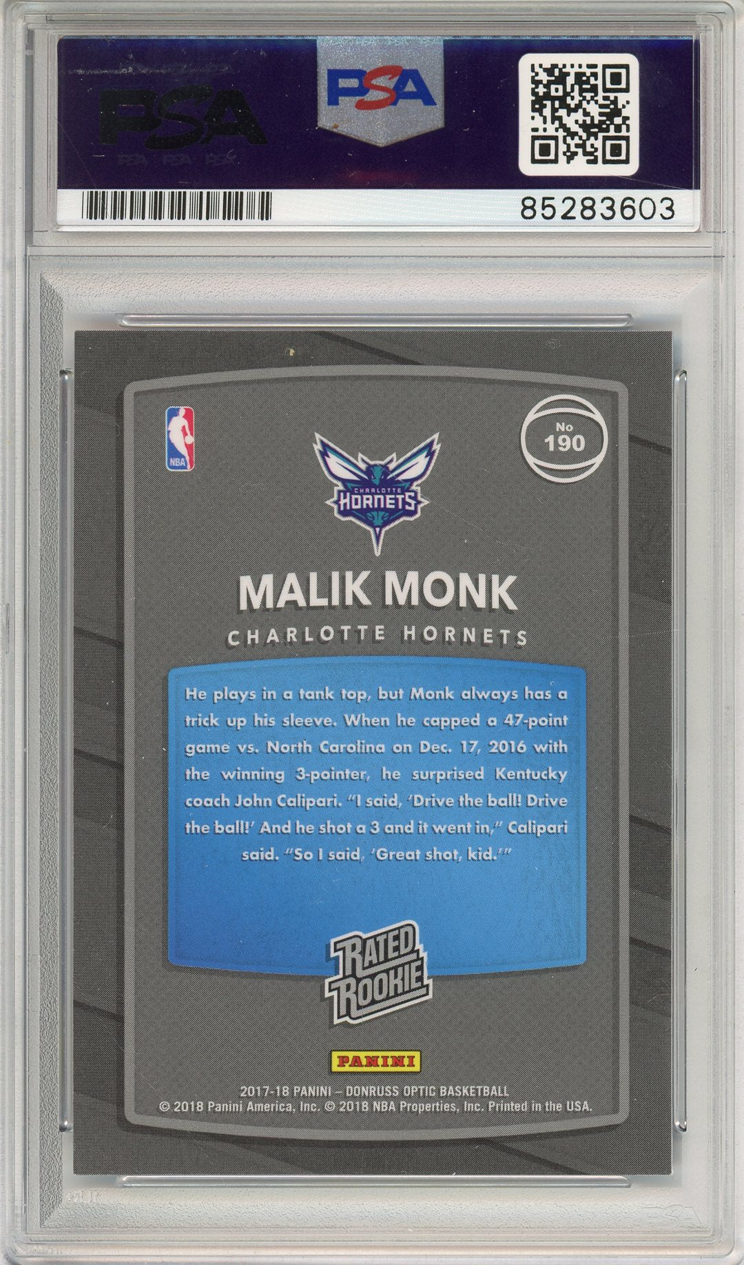 2017 Donruss Optic Rated Rookie Malik Monk ROOKIE RED/YELLOW Auto PSA/DNA Authentic