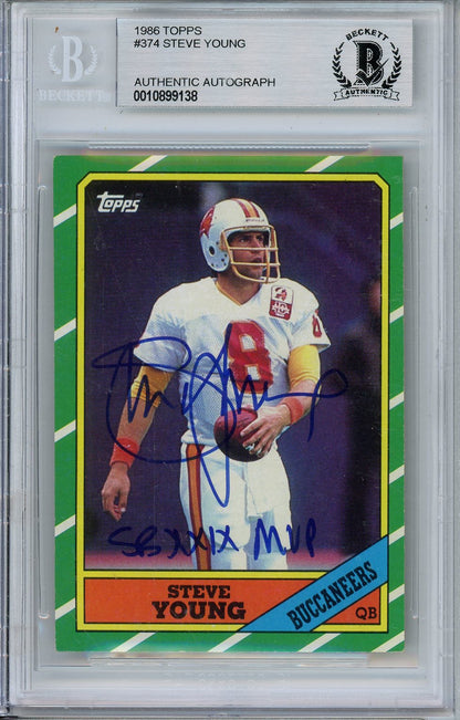 1986 TOPPS STEVE YOUNG RC ROOKIE CARD BAS AUTO W/ "SUPER BOWL XXIX MVP"