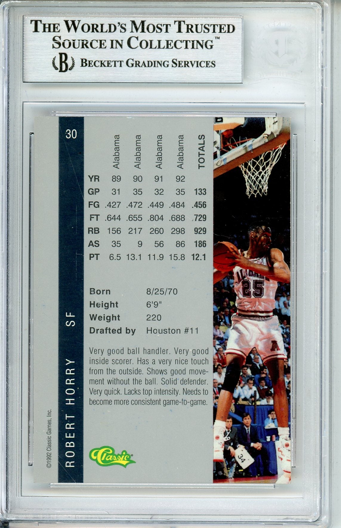 1992 CLASSIC FOUR SPORT ROBERT HORRY #30 ROOKIE AUTOGRAPH BECKETT