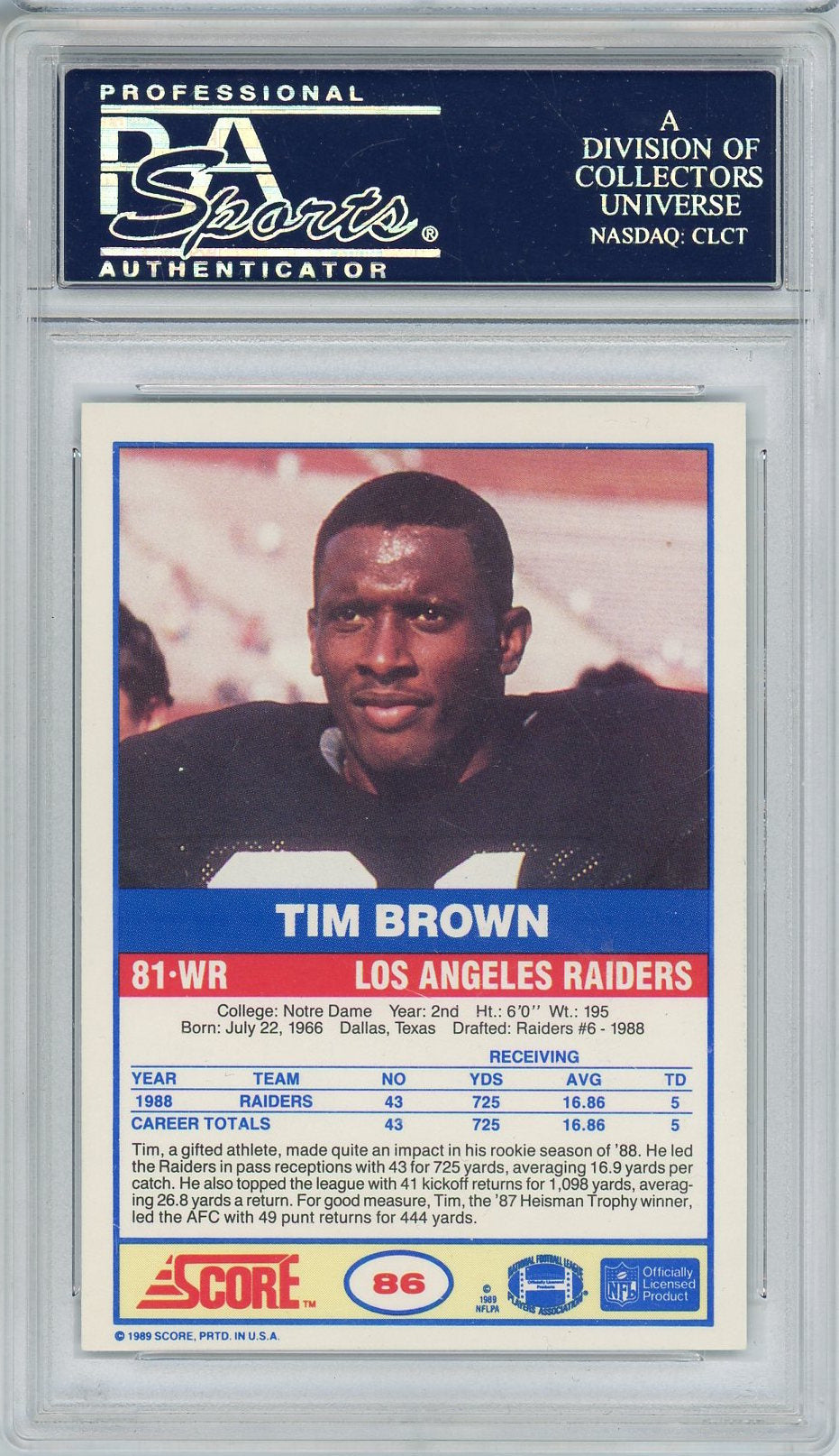 1989 SCORE TIM BROWN RC ROOKIE CARD PSA DNA AUTO