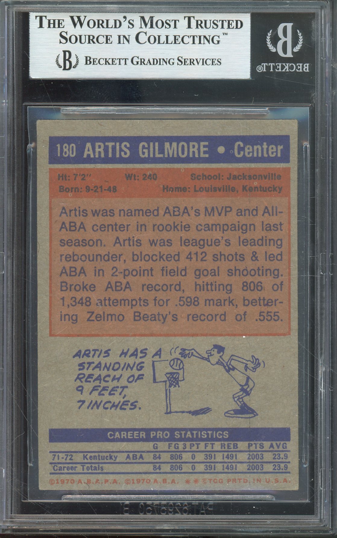 1972-73 TOPPS ARTIS GILMORE #180 ROOKIE CARD HALL OF FAME AUTOGRAPH BGS AUTHENTIC