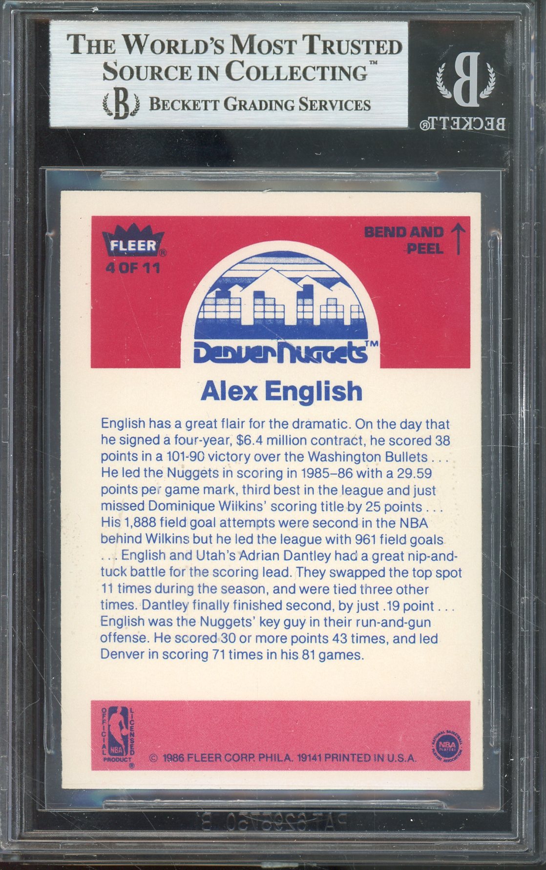 1986-87 FLEER STICKERS ALEX ENGLISH #4 HALL OF FAME AUTOGRAPH BGS AUTHENTIC