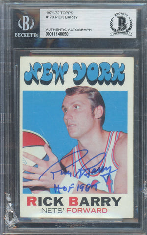 1971-72 RICK BARRY #170 ROOKIE CARD HALL OF FAME AUTOGRAPH WITH 'HOF 1987' INSCRIPTION BGS AUTHENTIC