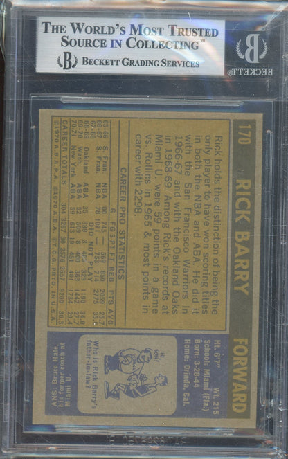 1971-72 RICK BARRY #170 ROOKIE CARD HALL OF FAME AUTOGRAPH WITH 'HOF 1987' INSCRIPTION BGS AUTHENTIC