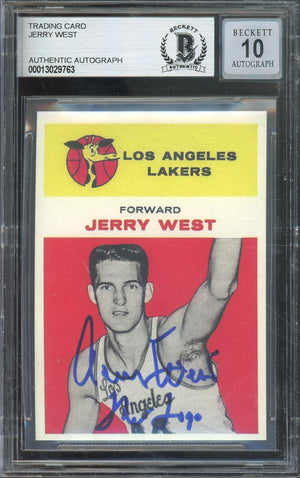 1961 FLEER #43 JERRY WEST ROOKIE REPRINT CARD HALL OF FAME LAKERS AUTOGRAPH WITH 'THE LOGO' INSCRIPTION BECKETT 10 AUTO