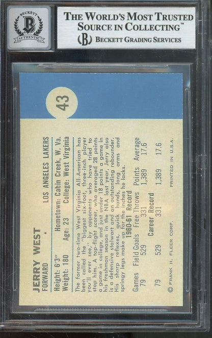 1961 FLEER #43 JERRY WEST ROOKIE REPRINT CARD HALL OF FAME LAKERS AUTOGRAPH WITH 'THE LOGO' INSCRIPTION BECKETT 10 AUTO