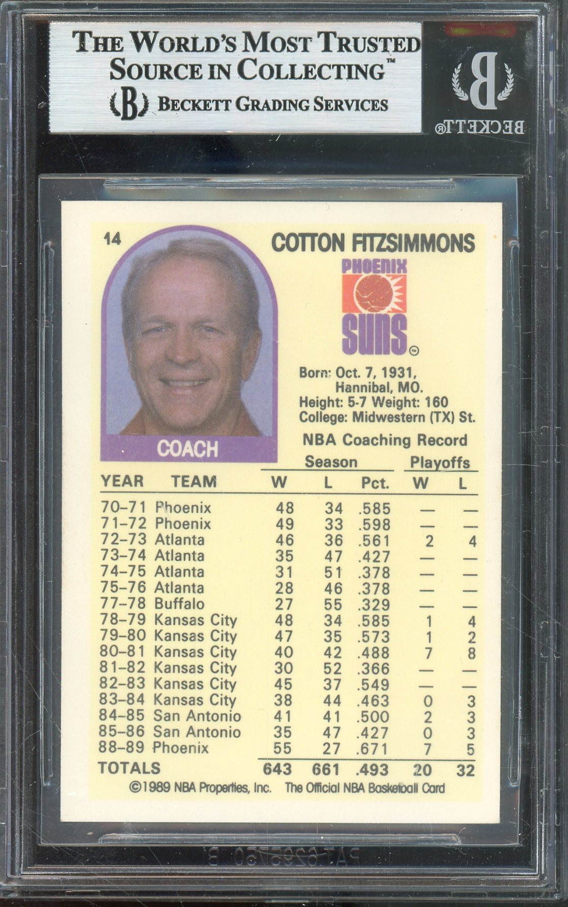 1989-90 HOOPS COTTON FITZSIMMONS #14 HALL OF FAME AUTOGRAPH BGS AUTHENTIC SUNS