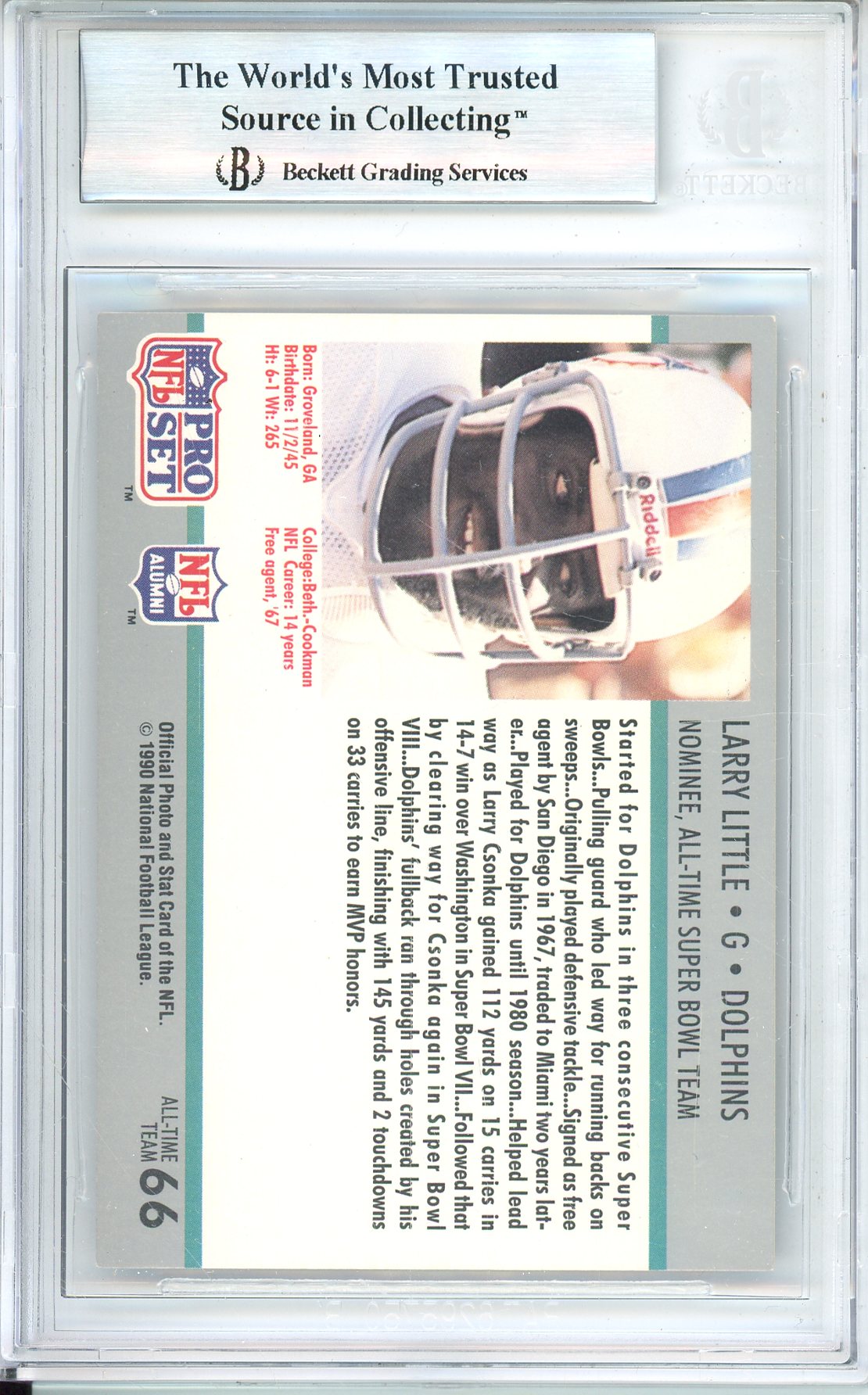 1990-91 PRO SET FOOTBALL SUPERBOWL 160 LARRY LITTLE #66 DOLPHINS HOF AUTOGRAPH BGS AUTHENTIC