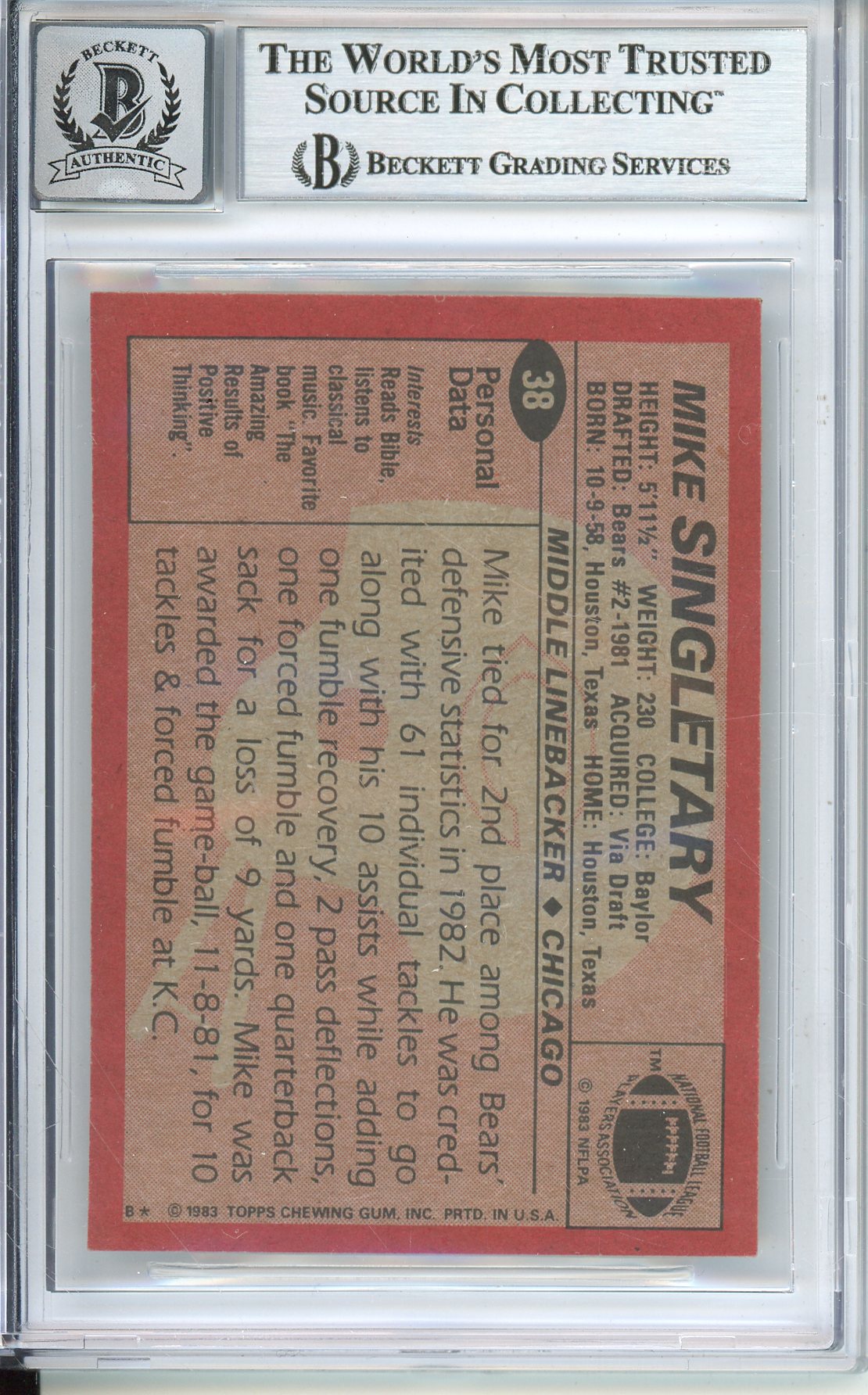 1983 TOPPS FOOTBALL MIKE SINGLETARY #38 BEARS ROOKIE CARD HOF AUTO BECKETT 10 AUTOGRAPH