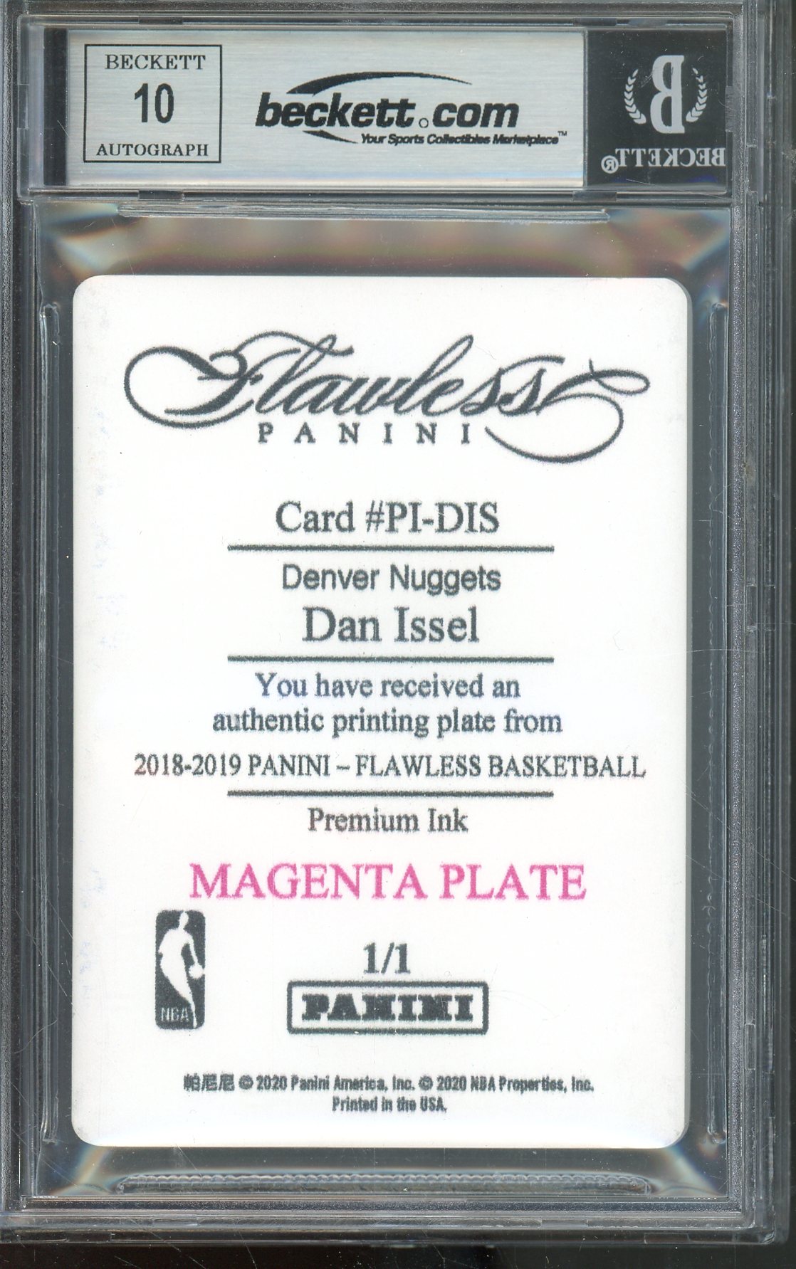 2018-19 PANINI FLAWLESS 1 OF 1 PREMIUM INK MAGENTA DAN ISSEL #PIDIS AUTOGRAPH BGS AUTHENTIC 'TOP 30 NBA INSCRIPTION