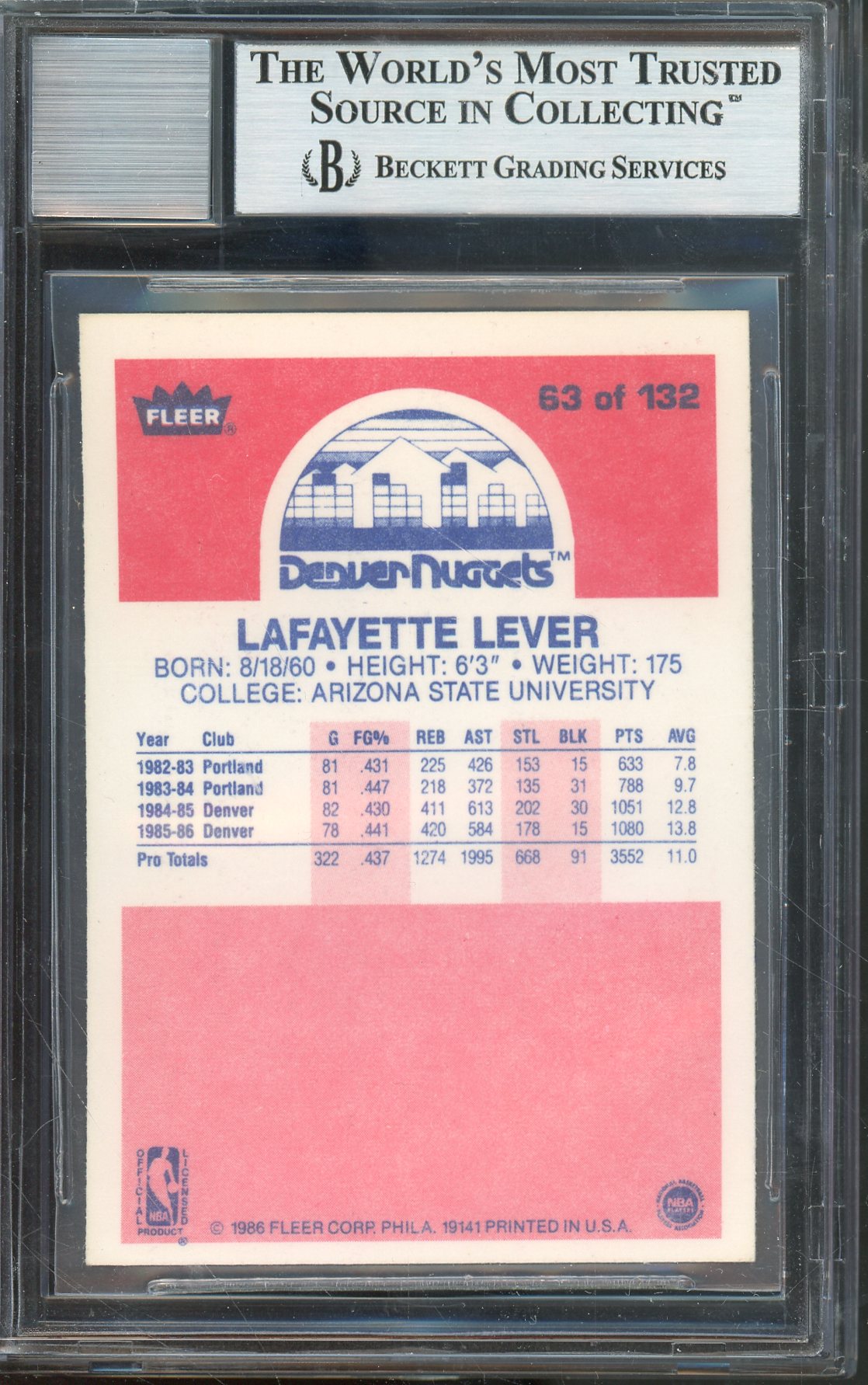 1986-87 FLEER LAFAYETTE "FAT" LEVER #63 HALL OF FAME AUTO BECKETT 9 AUTOGRAPH