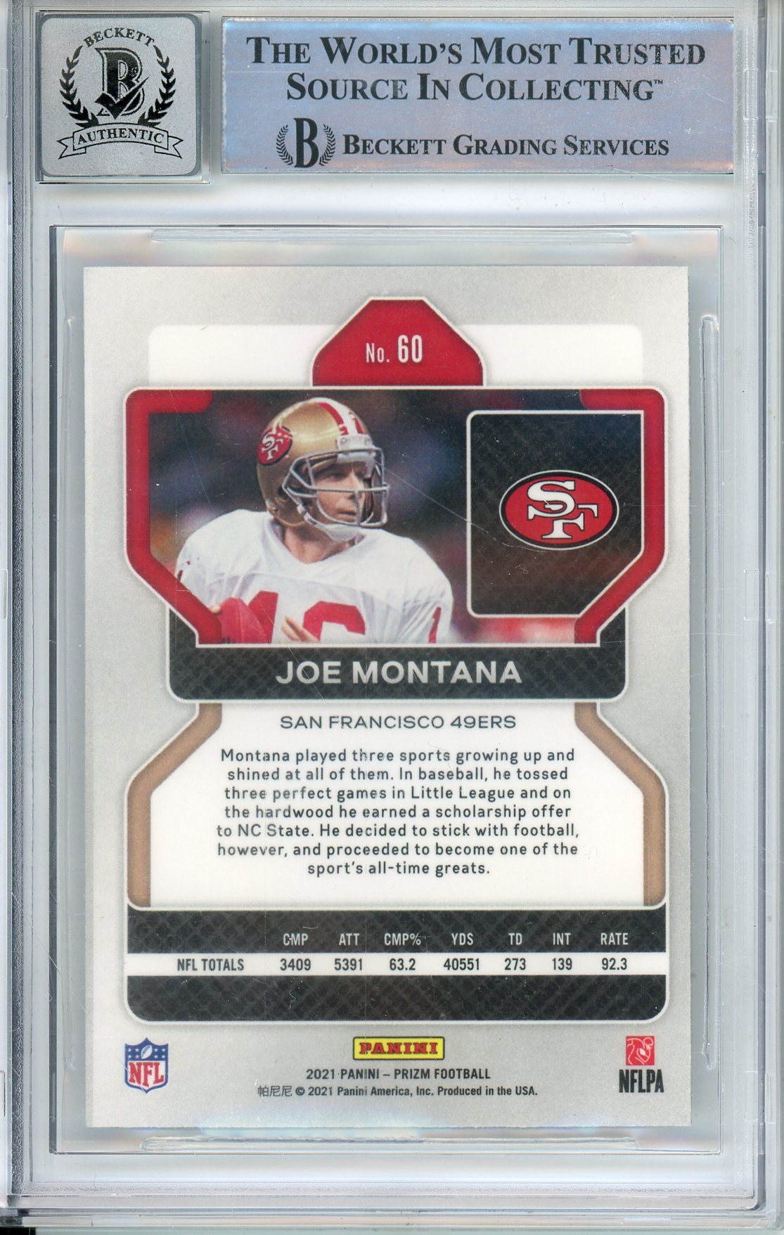 2021 PANINI PRIZM JOE MONTANA #60 HOF 49ERS 4-TIME SUPER BOWL CHAMP BECKETT AUTOGRAPH