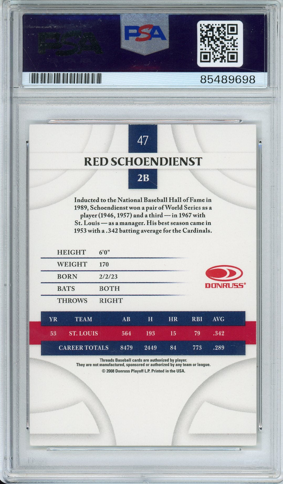 2008 DONRUSS BASEBALL RED SCHOENDIENST #47 HOF AUTO PSA/DNA AUTHENTIC AUTO