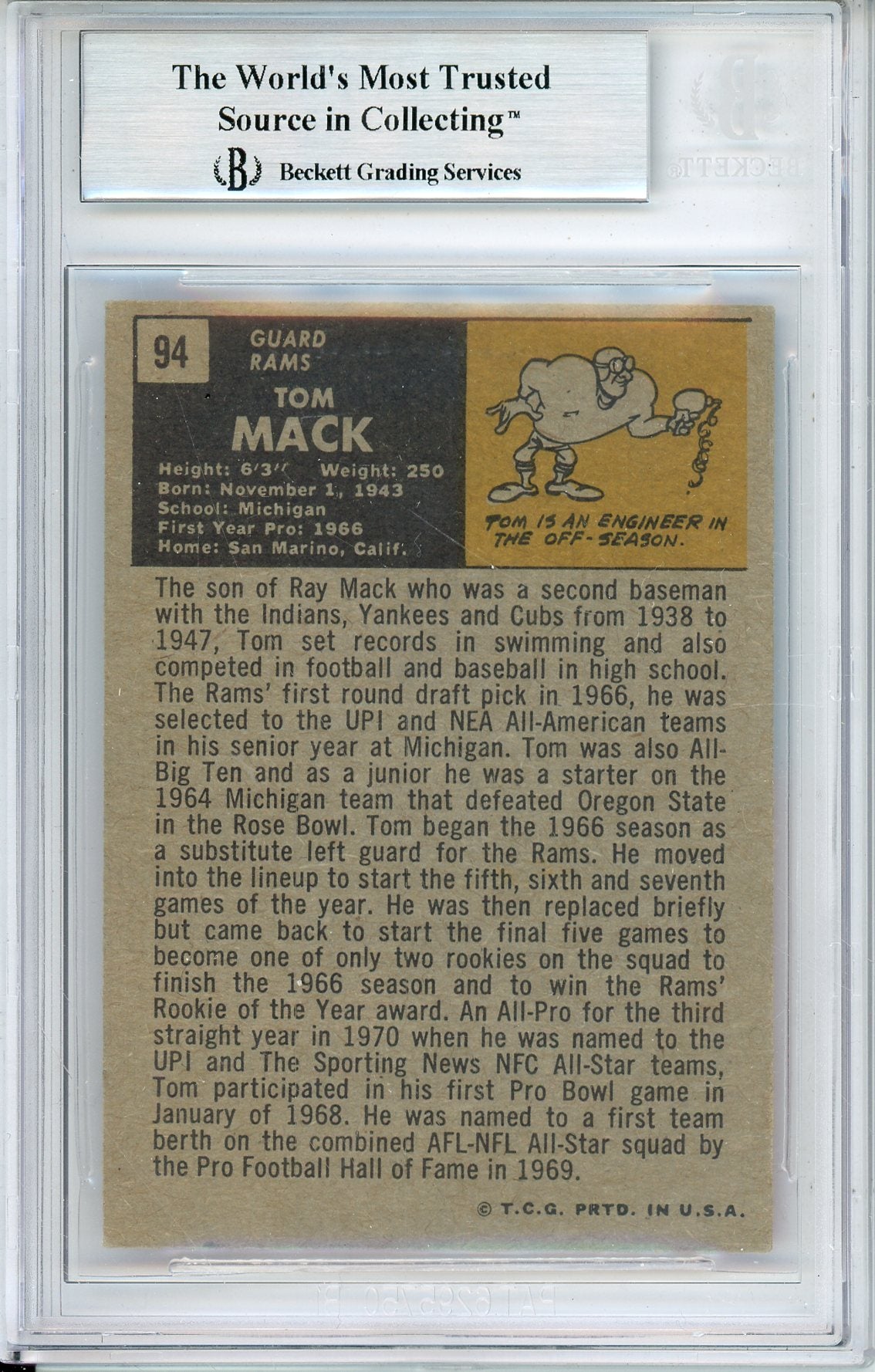 1971 TOPPS TOM MACK #94 BECKETT AUTO RAMS HOF WITH INSCRIPTIONS