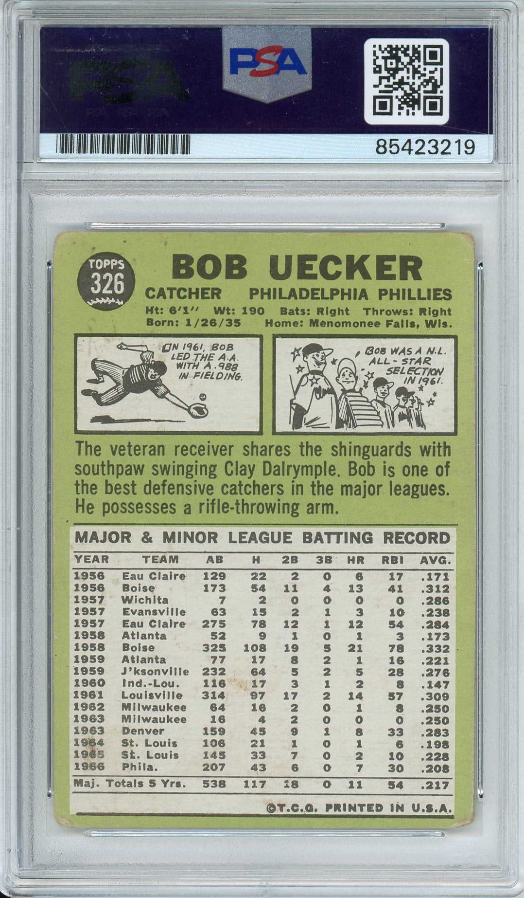 1967 TOPPS BASEBALL BOB UECKER #326 HOF AUTO PSA AUTO GRADE GEM MT 10