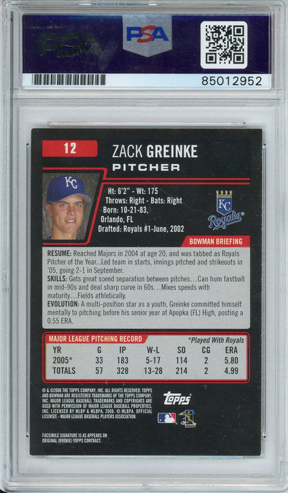 2006 TOPPS BOWMAN ZACK GREINKE 6X ALL STAR 6X GOLD GLOVE ROYALS AUTOGRAPH PSA/DNA