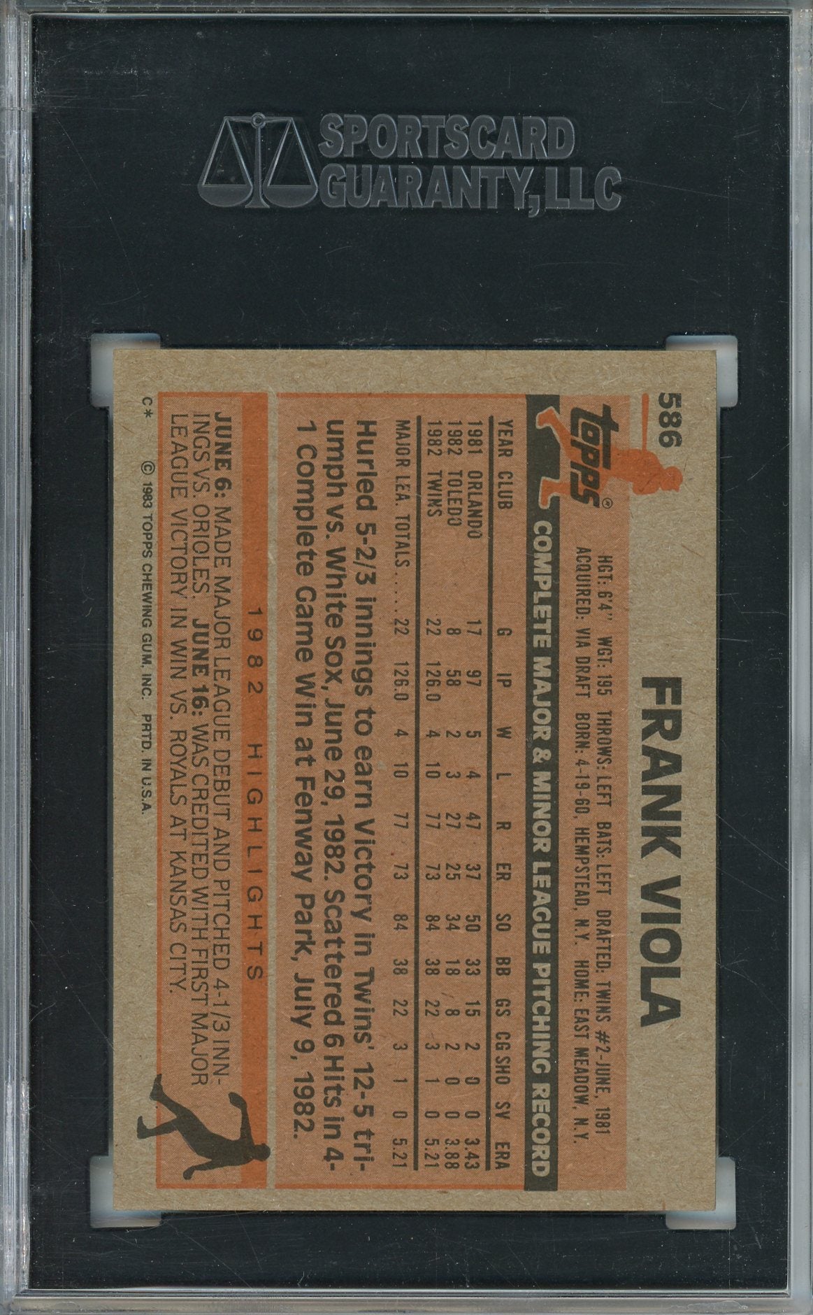 1983 TOPPS FRANK VIOLA #586 TWINS HOF ROOKIE CARD AUTO SGC AUTHENTIC