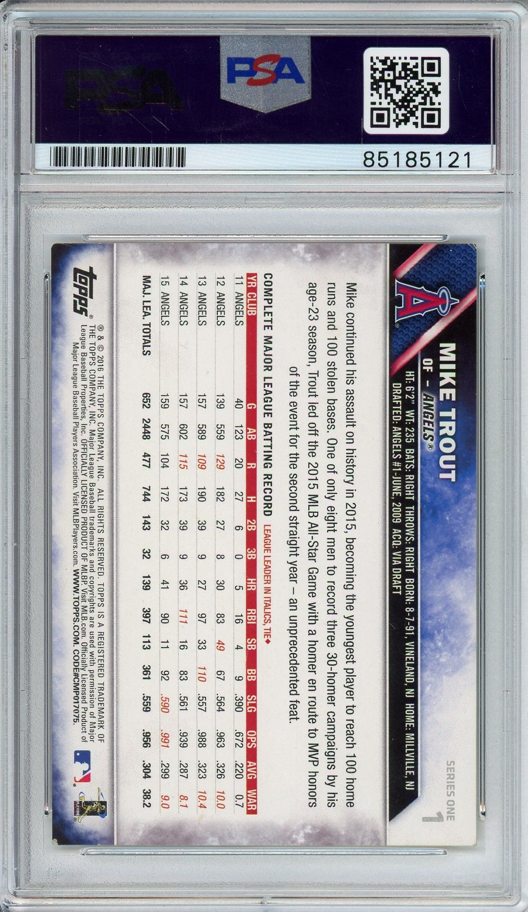 2016 TOPPS SERIES 1 MIKE TROUT AUTO CARD PSA DNA (5121)