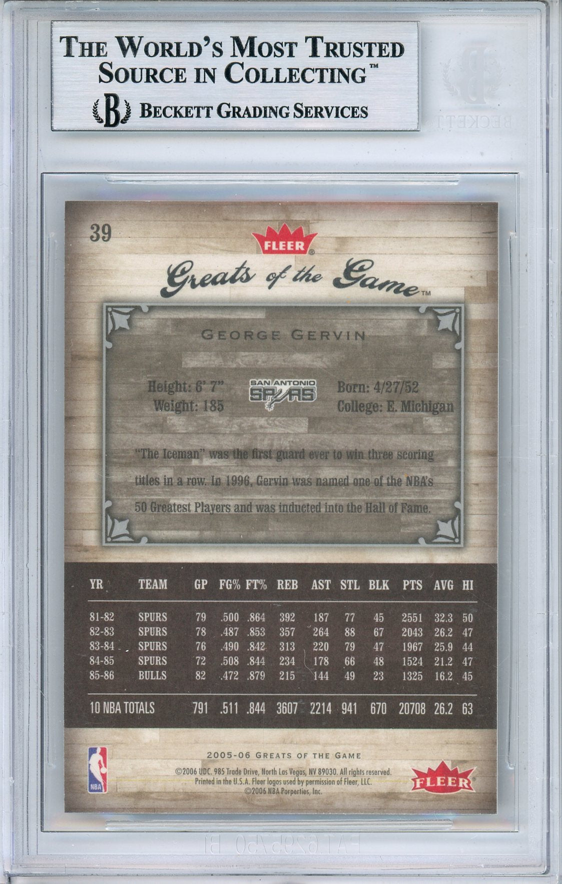 2005-06 GREATS OF THE GAME GEORGE GERVIN #39 HALL OF FAME AUTOGRAPH BGS AUTHENTIC