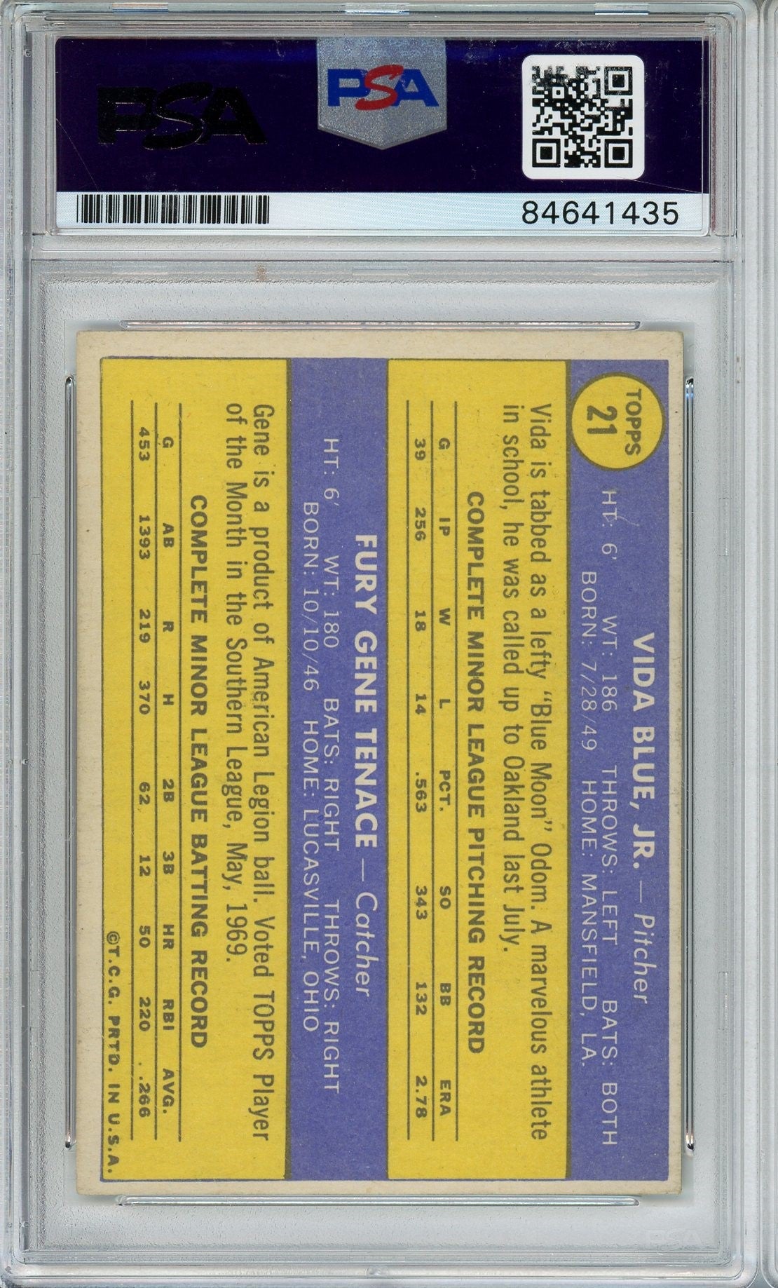 1970 TOPPS VIDA BLUE RC ROOKIE PSA DNA GEM 10 AUTO GRADE (1435)