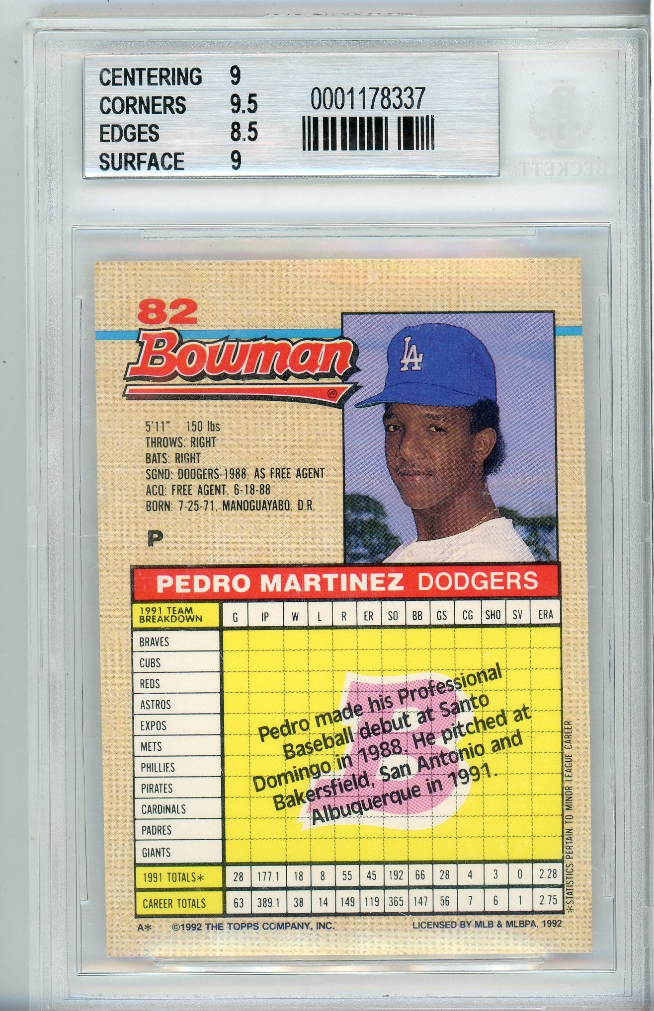 1992 BOWMAN PEDRO MARTINEZ #82 DODGERS HALL OF FAME BGS 9