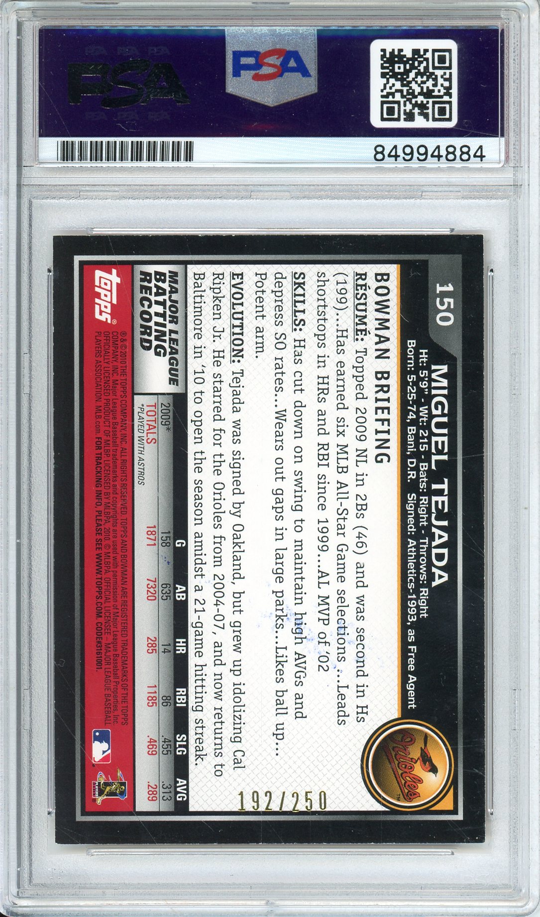 2010 BOWMAN MIGUEL TEJADA #150 ORANGE BORDER #/250 A'S HOF AUTOGRAPH PSA/DNA