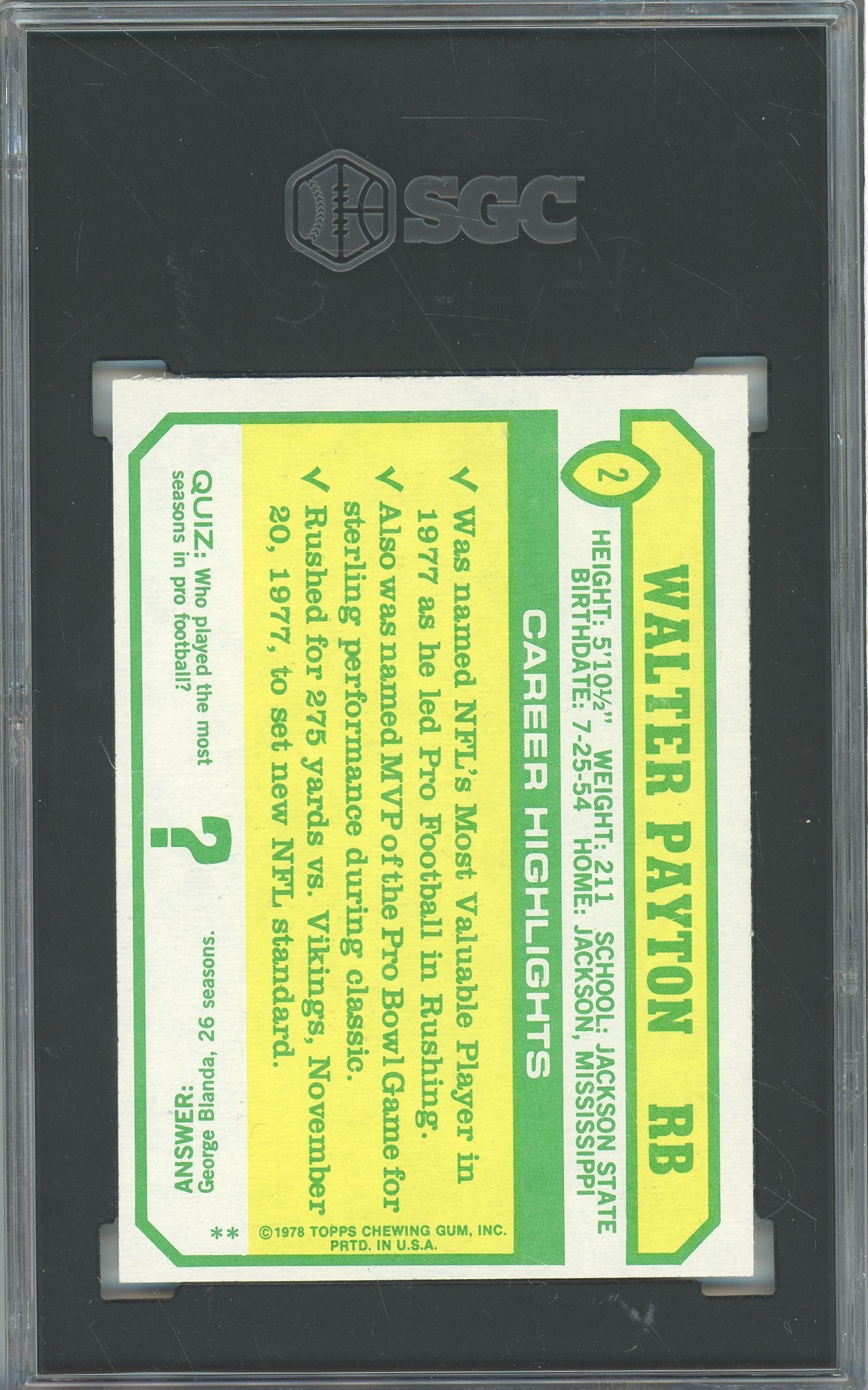 1978 TOPPS HOLSUM WALTER PAYTON #2 CHICAGO BEARS HOF SGC 8