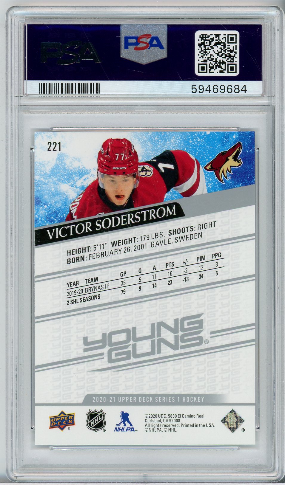 2020-2021 UPPER DECK VICTOR SODERSTROM #221 YOUNG GUNS ROOKIE PSA 10