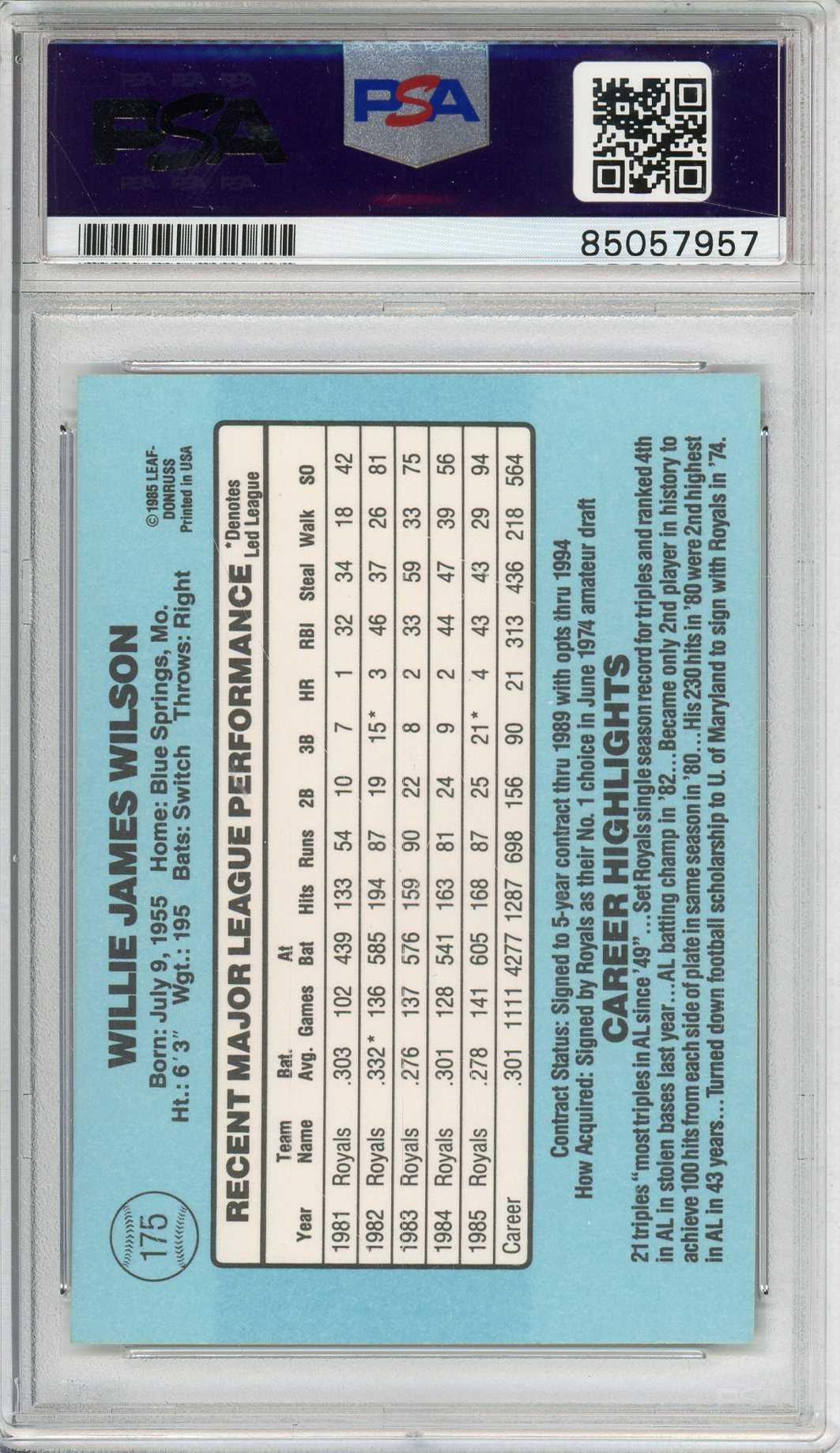 1985 DONRUSS WILLIE WILSON #175 ROYALS HOF WORLD SERIES CHAMP AUTOGRAPH PSA/DNA