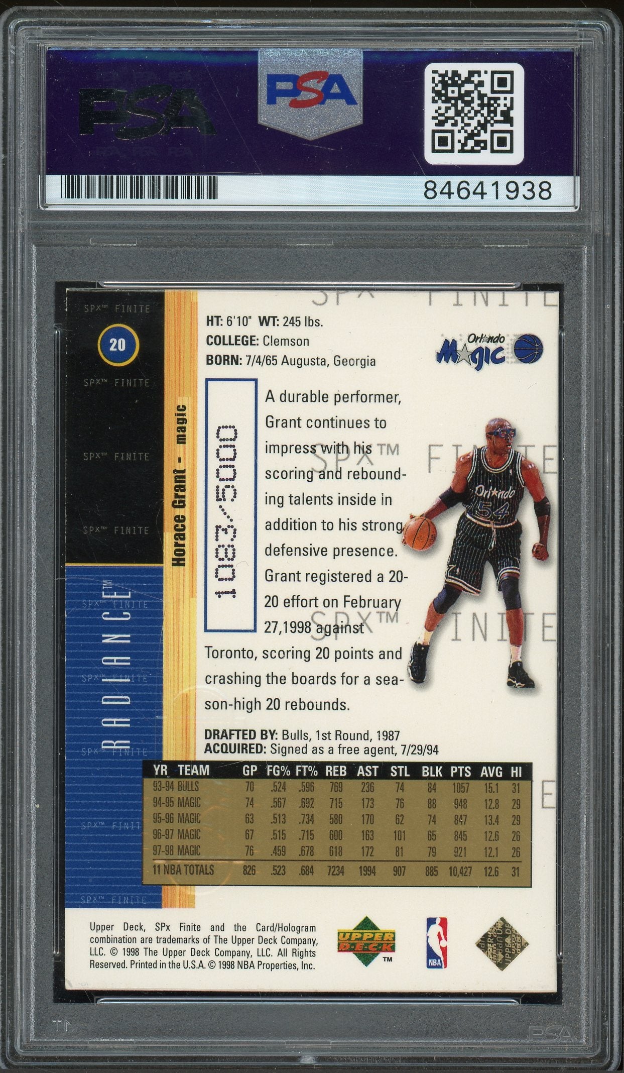1998 Upper Deck SPx Horace Grant #20 Auto #/5000 - PSA/DNA (1938)