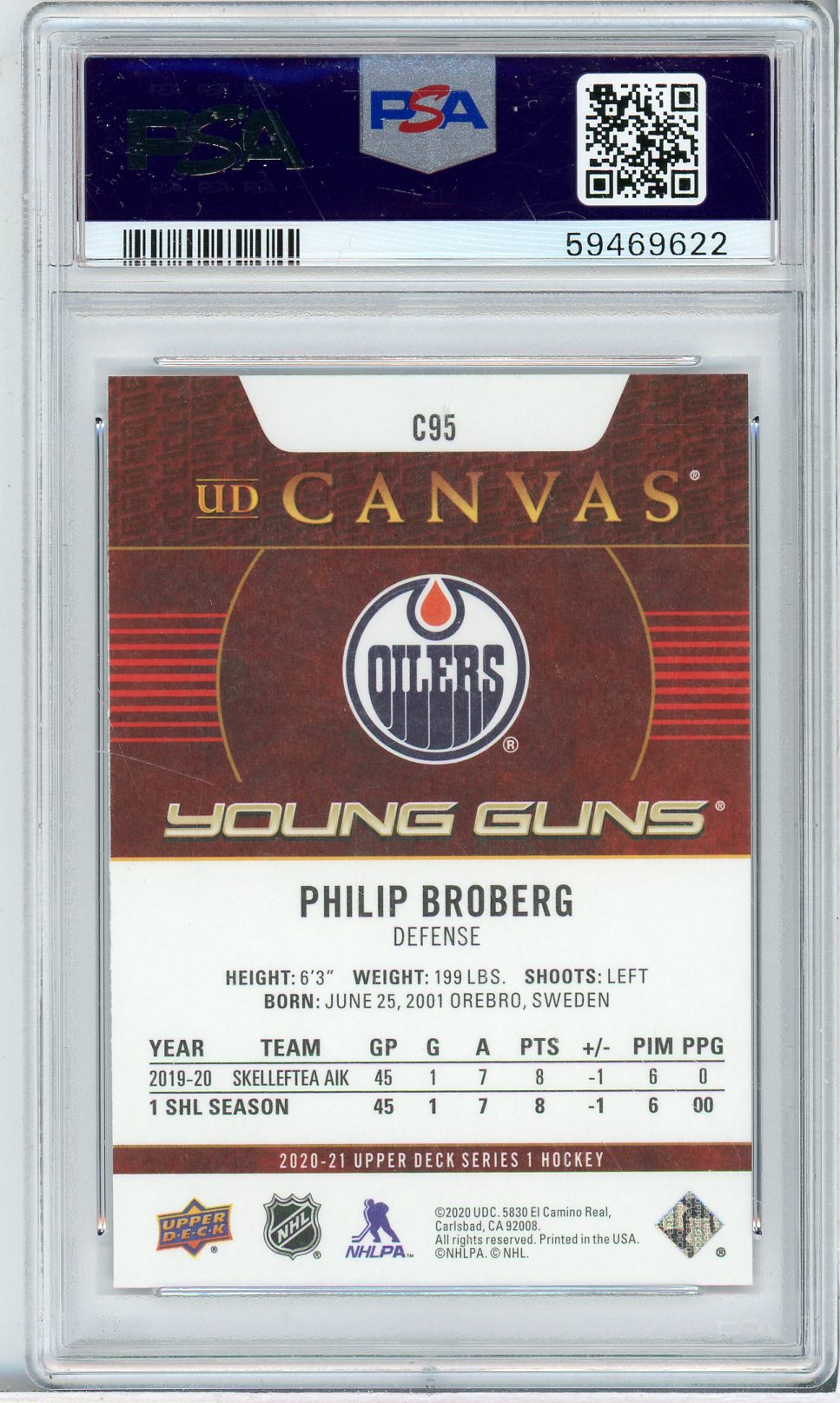 2020-2021 UPPER DECK CANVAS PHILIP BROBERG #C95 YOUNG GUNS ROOKIE PSA 10