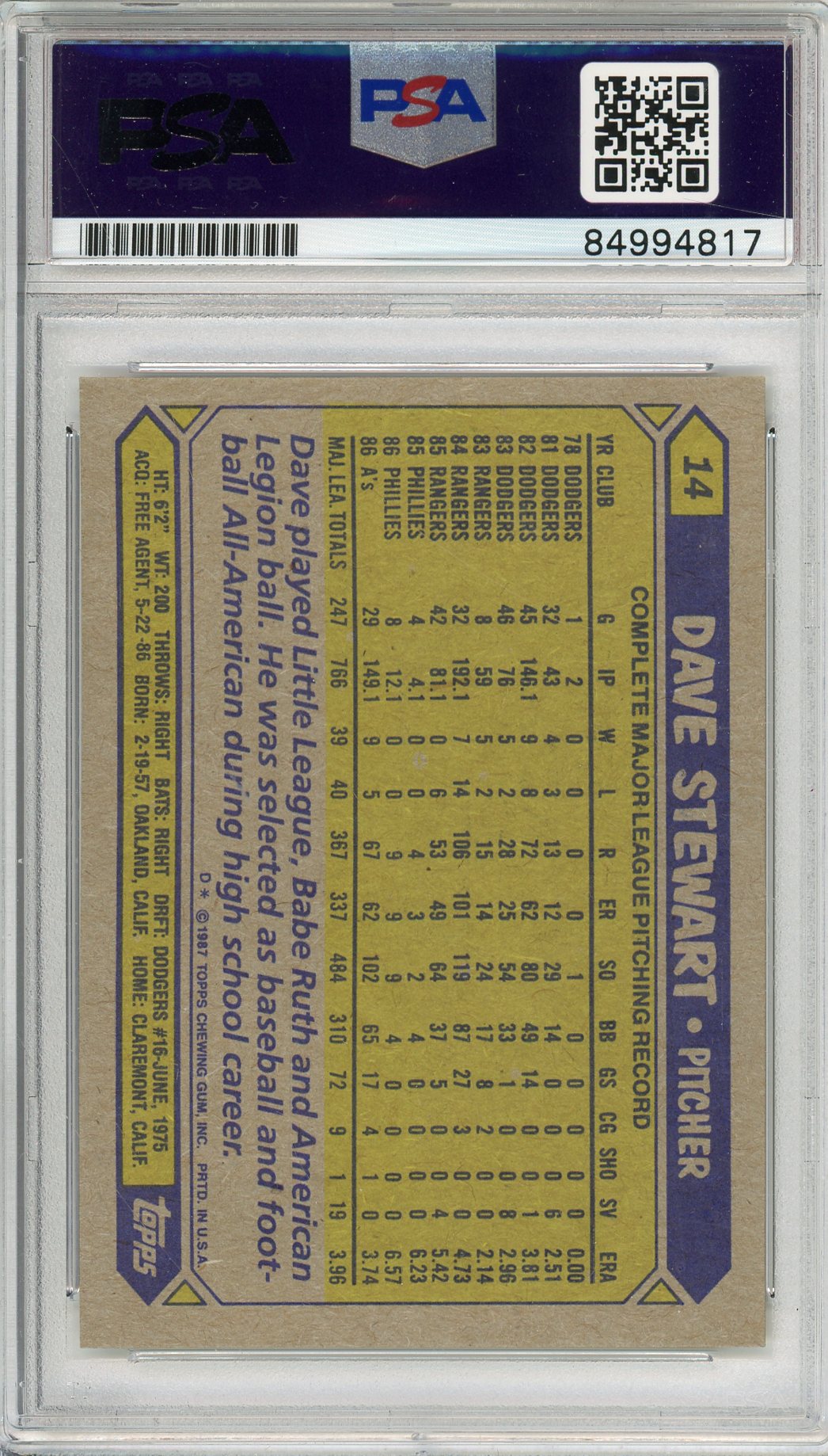 1987 TOPPS DAVE STEWART #14 A'S HOF 3-TIME WORLD SERIES CHAMP AUTOGRAPH PSA/DNA