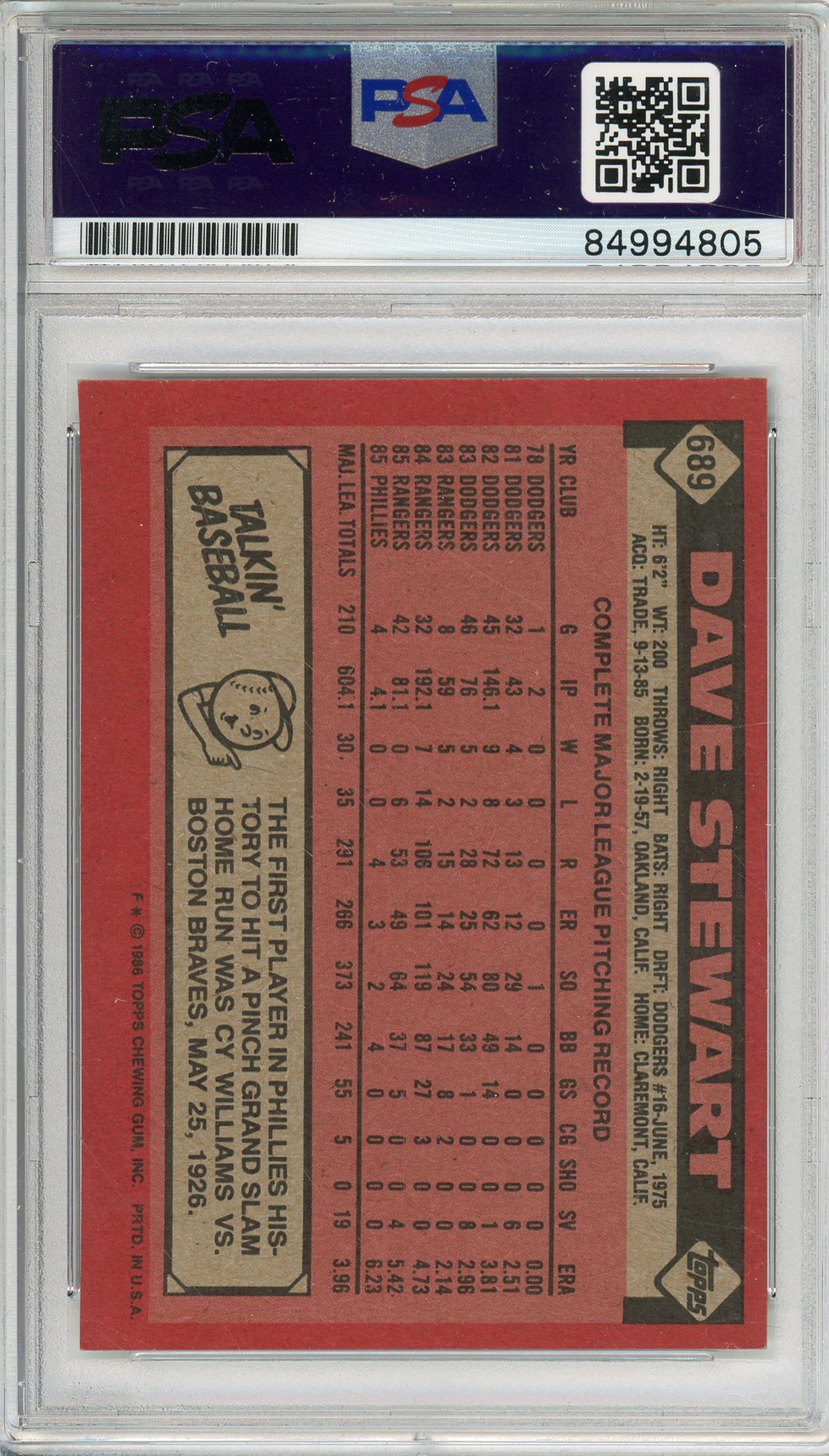 1986 TOPPS DAVE STEWART #689 3-TIME WORLD SERIES CHAMP PHILLIES AUTOGRAPH PSA/DNA