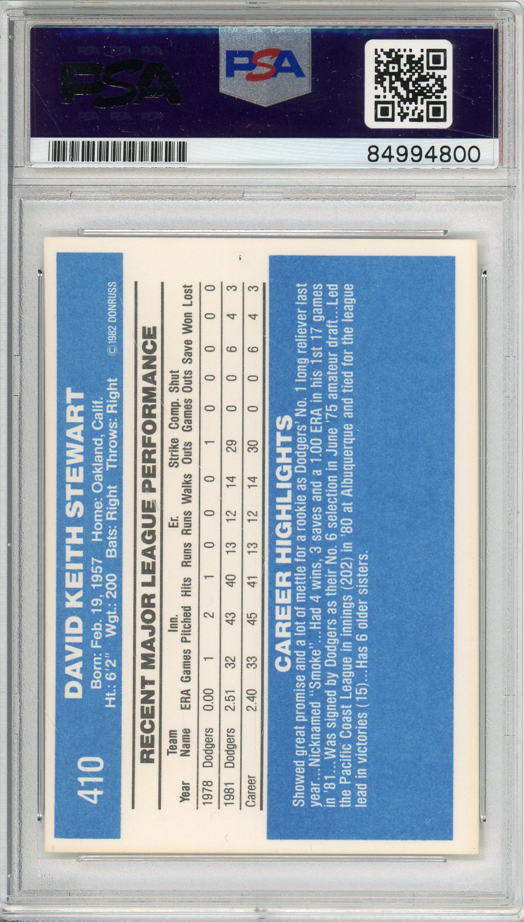 1982 DONRUSS DAVE STEWART #410 DODGERS WORLD SERIES CHAMP AUTOGRAPH PSA/DNA