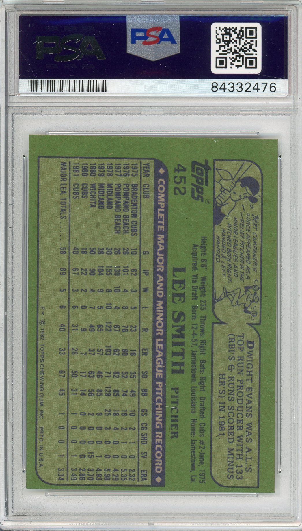 1982 TOPPS LEE SMITH #452 ROOKIE CARD 7-TIME ALL STAR HOF CUBS AUTOGRAPH PSA/DNA