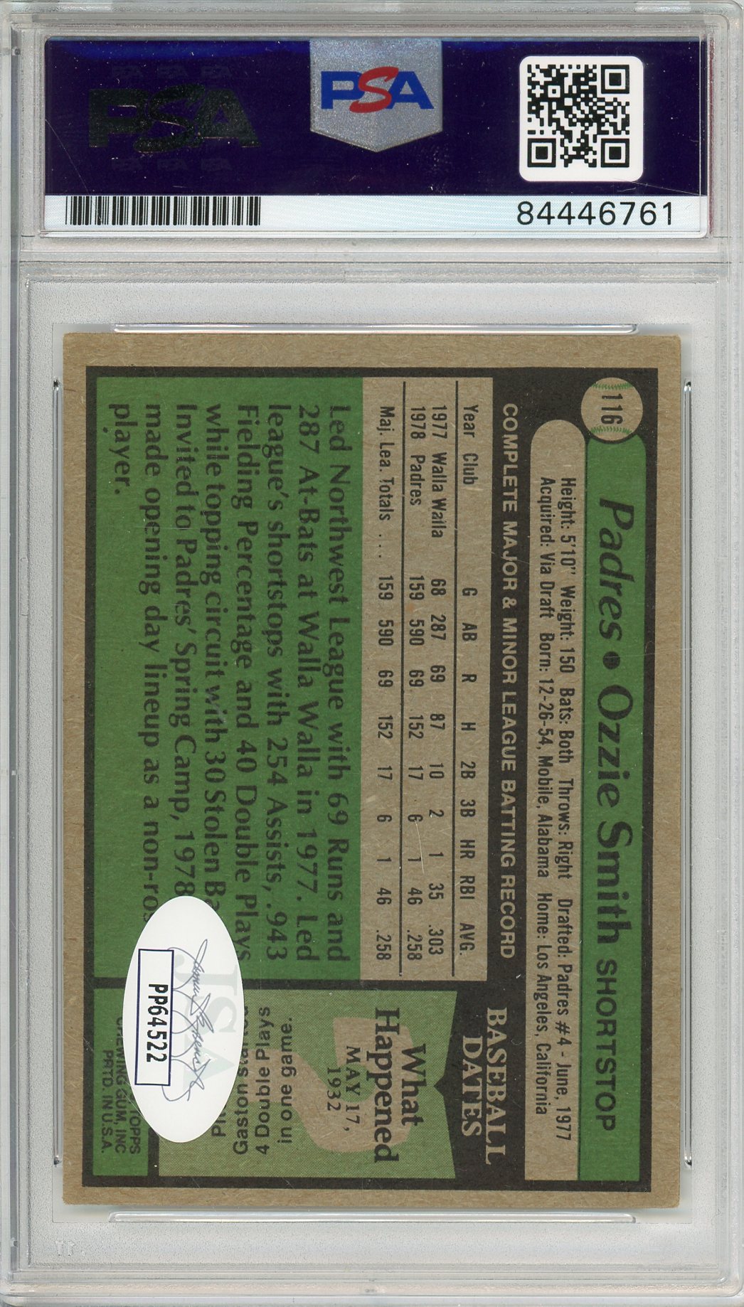 1979 TOPPS OZZIE SMITH #116 ROOKIE HOF WORLD 14-TIME ALL STAR AUTOGRAPH PSA/DNA